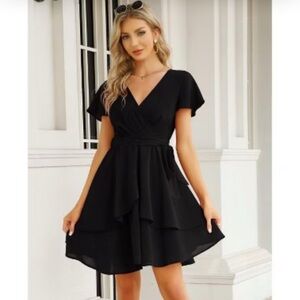 Wilster Black Flutter Sleeve Wrap Mini Dress